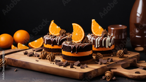 chocolate cakes with orange slices and blueberries on a wooden board