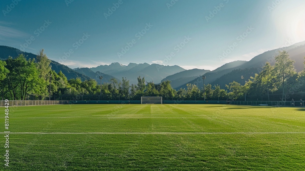 Scenic Landscape, a wide-angle shot of the soccer field, green expanse set against a backdrop of natural beauty Scenic Landscape, a wide-angle shot of the soccer field, green expanse set against a backdrop of natural beauty