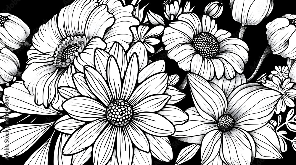 custom made wallpaper toronto digitalElegant Floral Bouquet on Bold Monochrome Background for Coloring Book