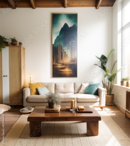 A beautiful boho living room interior with wooden coffee table  white sofa and abstract painting on the wall