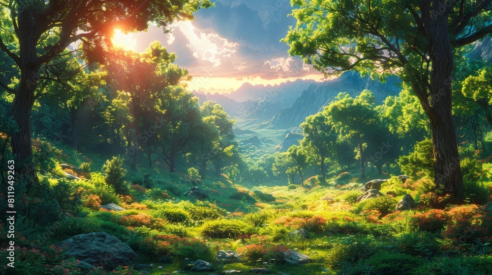 Cartoon-inspired deep forest scenery, crafted as a backdrop for video game digital CG artwork,
