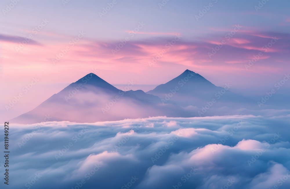 Photograph of two mountain peaks emerging from the clouds 