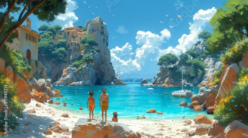 cartoon Young adventurers embark on a sun-drenched Mediterranean holiday, greeted by azure waters and golden sands. photo