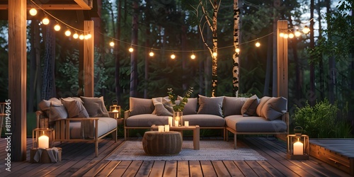 cozy wooden terrace in the forest, modern garden furniture with cushions, hanging string lights around it, lanterns on the ground, candles on the table, night time