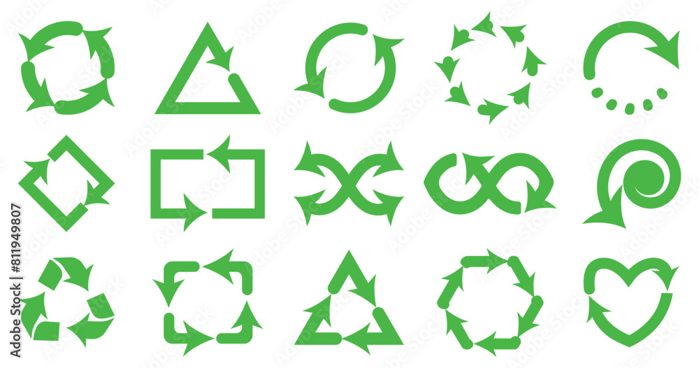 Green arrow collection. Set of green and black recycle arrows. Eco recycling arrows icon. Vector illustration Green arrow collection. Set of green and black recycle arrows. Eco recycling arrows icon. Vector illustration