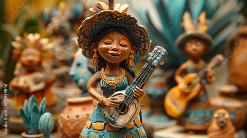 Handmade clay figurine of a musician playing the guitar.