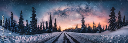 Colorful Sunrise Road: Snow-covered Trees with Milky Way Sky, Generative Ai