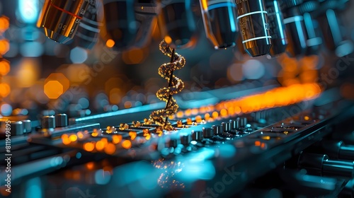 Microscopic view of DNA strands undergoing modification in a laboratory setting, with precise editing tools represented on a computer interface. The frontier of genetic engineering and manipulation