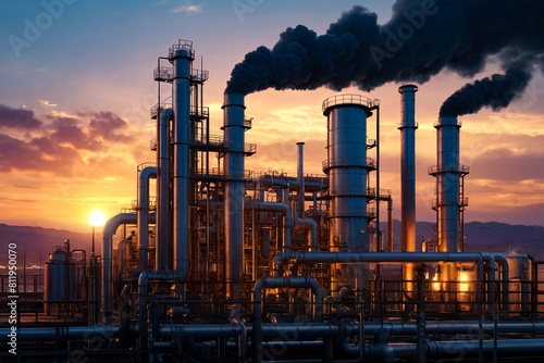 Industrial factory with furnace and heat exchanger cracking hydrocarbons, sunset. Equipment petrochemical plant. Manufacturing and industry technology concept. Gen ai illustration. Copy ad text space photo