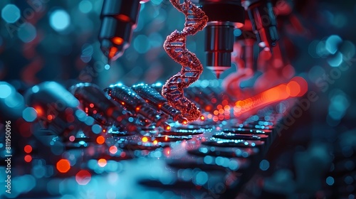 Microscopic view of DNA strands undergoing modification in a laboratory setting, with precise editing tools represented on a computer interface. The frontier of genetic engineering and manipulation photo