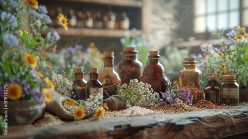 Natural remedies and herbal medicine. Herbs and flowers for alternative medicine. Homeopathy and naturopathy concept.