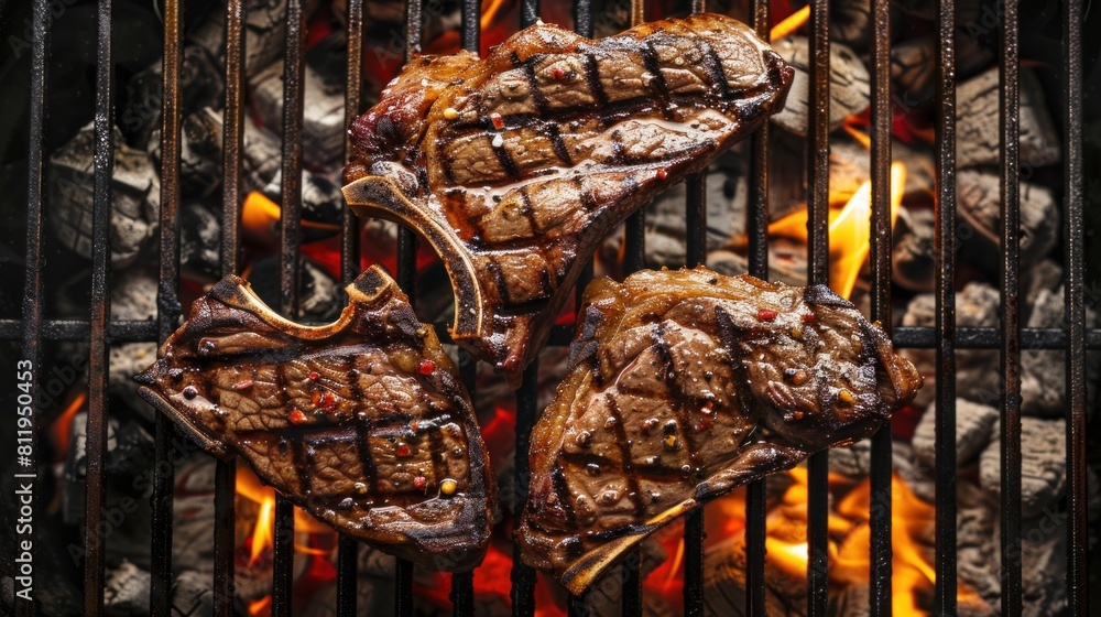 Beef T-bone steaks on BBQ grill coal. porterhouse steak or T Bone Steak. Restaurant menu, cookbook recipe. place for text, top view. 