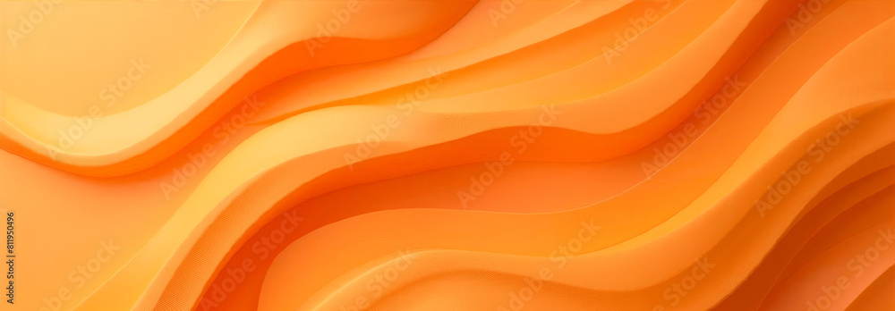 Obraz premium Minimalistic orange abstract background with soft 3D waves. Glossy wavy embossed texture horizontal banner. Design for summer, party, birthday, children theme.