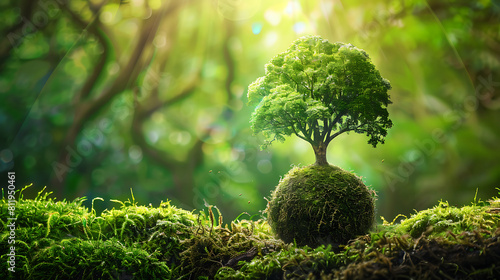 Tree growing on Earth with green grass. World Ecology  World Environment Day  World Earth Day  and Saving environment Concept. Generative AI illustration 