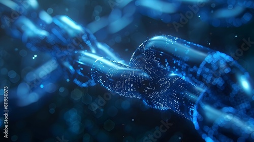 A blue digital chain with an animated digital data stream, symbolizing the interconnected nature of blockchain technology and its impact on financial recording. 