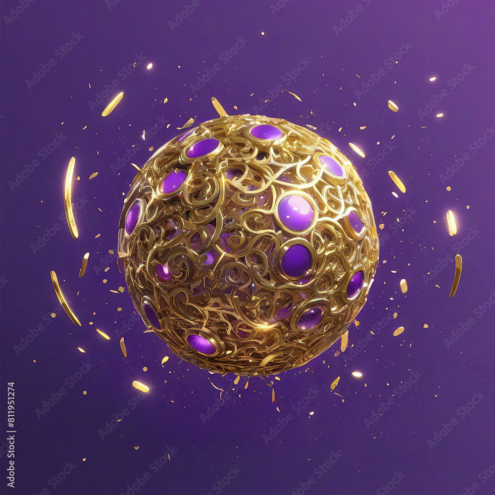 Abstract 3d render of golden sphere with confetti on purple background