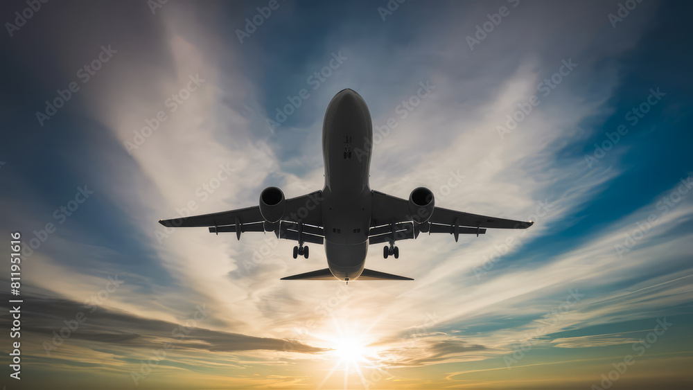 Silhouetted Aircraft Over Evening Horizon with Copy-Space Silhouetted Aircraft Over Evening Horizon with Copy-Space