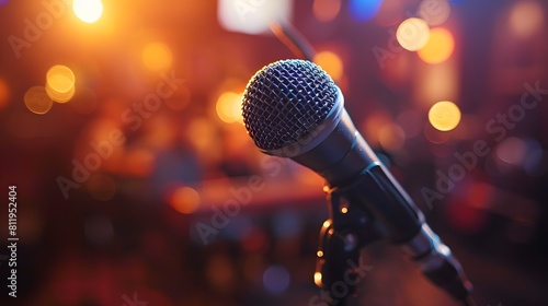 An empty microphone on stage, with the blurred background showing the audience and other items in the room. 