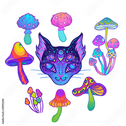 Magic mushrooms and cosmic cat collection. Psychedelic hallucination inspired vector set. Vibrant vector illustration. 60s hippie colorful art.