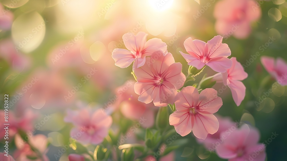 Delicate pink flowers blooming in the sunlight, with blurred greenery and bokeh background creating an enchanting garden scene.
