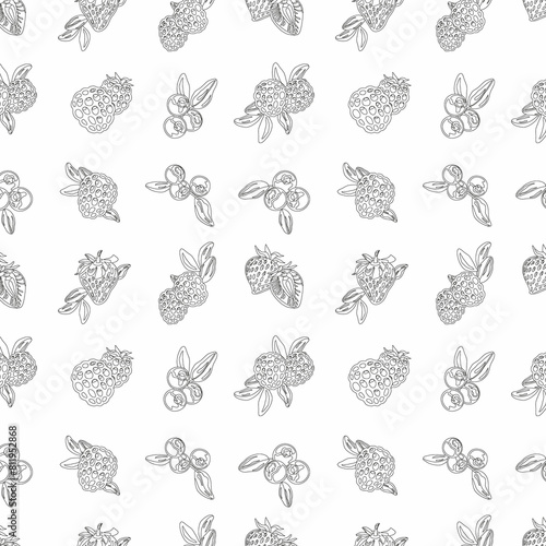 Berries set, lines pattern.Strawberries, blueberries, raspberries, green leaves. Seamless pattern, white background. 
