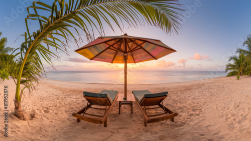 Tropical Beach Sunset with Lounge Chairs