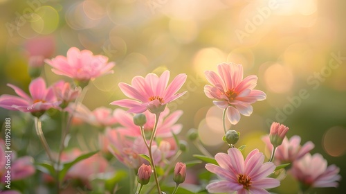 Delicate pink flowers blooming in the sunlight  with blurred greenery and bokeh background creating an enchanting garden scene. 