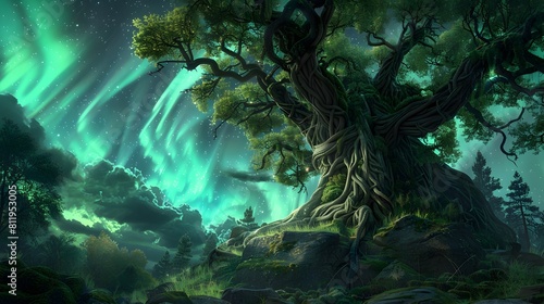 Majestic Tree of Life Amid Cosmic Aurora and Starry Skies