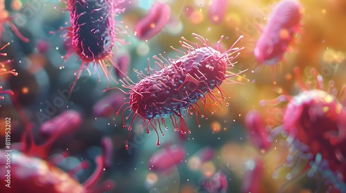 A detailed illustration of bacteria, showcasing their unique shapes and textures in vibrant colors. The background is a blurred representation of the human body's golden color, indicating healthy cell