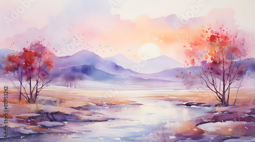 Fresh watercolor scenery landscape background poster Painting © Wu