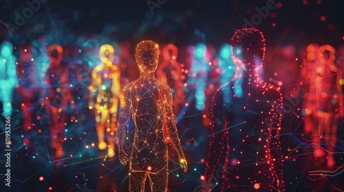 The image is of a group of people  each person is made up of a swarm of tiny glowing particles