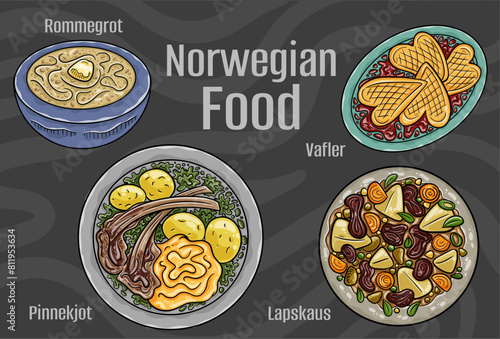 Popular Norwegian Traditional Cuisine Set. Hand-drawn vector illustration on a dark background.