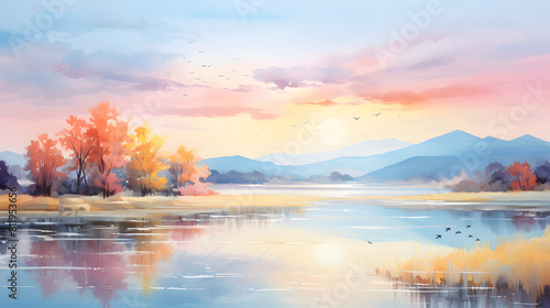Fresh watercolor scenery landscape background poster Painting © Wu