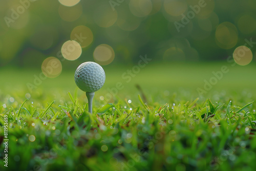 A golf ball is sitting on a grassy field. The ball is white and has a few brown spots on it. Concept of calm and relaxation, as it is a peaceful scene of a golf ball resting on the ground