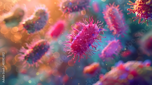 A detailed illustration of bacteria, showcasing their unique shapes and textures in vibrant colors. The background is a blurred representation of the human body's golden color, indicating healthy cell