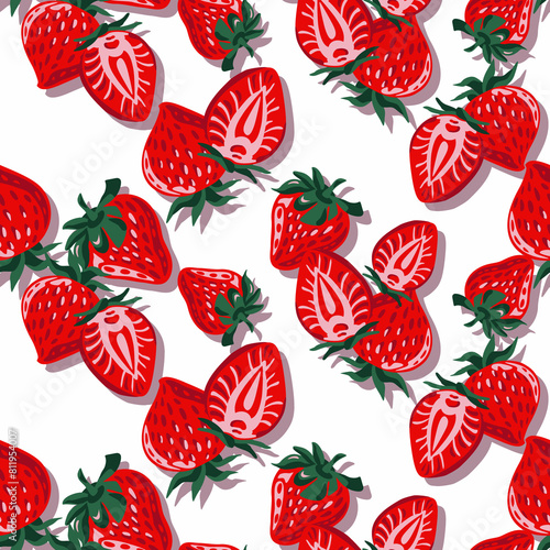 Seamless pattern with strawberries, white background. 