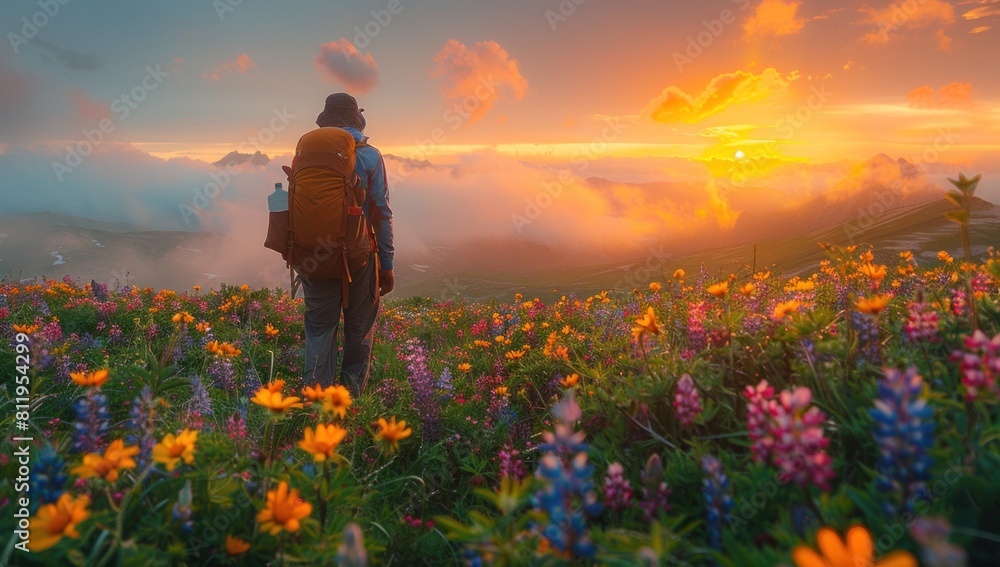 Fototapeta premium Amidst a field of wildflowers, a hiker pauses to admire the vibrant blooms, bathed in the soft glow of dawn. Nature's beauty serves as a backd