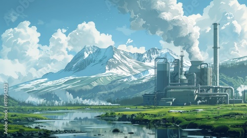 a beautiful landscape with a snow-capped mountain in the background, a river in the foreground, and a factory in the middle