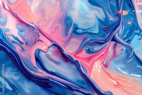 Beautiful abstraction of liquid paints in slow blending flow mixing together gently