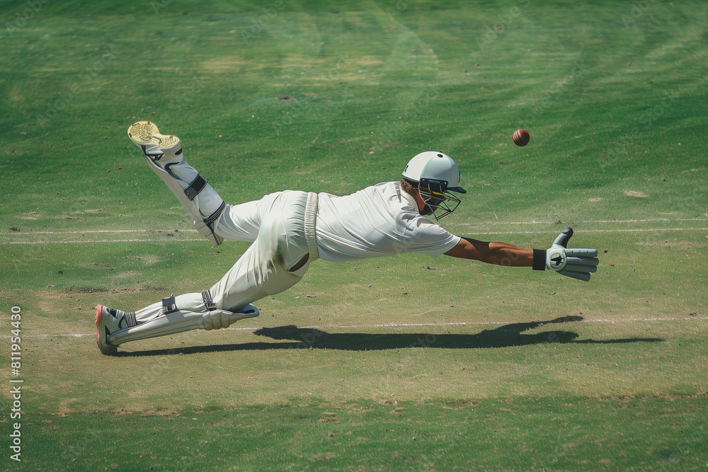 Obraz premium A man in a white shirt and white pants is crouching on the ground, holding a cricket glove. 
