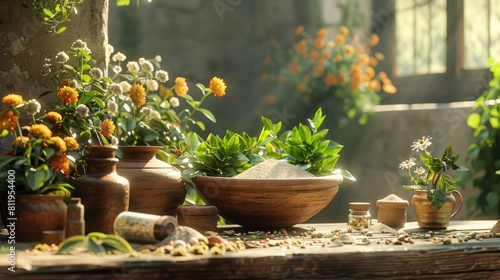 a beautiful still life of flowers and plants in clay pots on a wooden table
