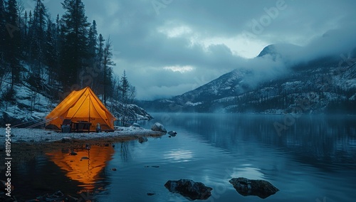 As night falls, a lone tent is illuminated from within, a beacon of warmth and shelter against the darkness.