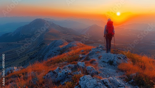 A lone hiker  silhouetted against the golden hues of a setting sun  ascends a rugged mountain trail.