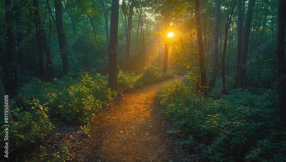 Fototapeta premium The camera follows a winding trail through a dense forest, dappled sunlight filtering through the leaves overhead. Each step forward is a step deeper into the heart of the wilderness.