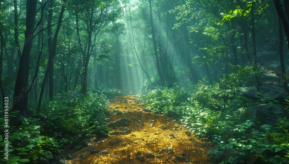 Obraz premium The camera follows a winding trail through a dense forest, dappled sunlight filtering through the leaves overhead. Each step forward is a step deeper into the heart of the wilderness.