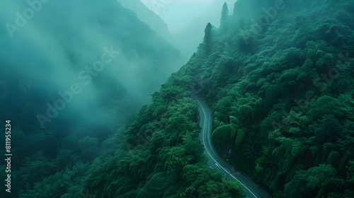 Aerial View of Mysterious Winding Forest Road in Misty Mountain Landscape