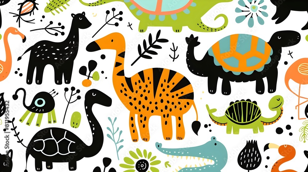Fototapeta premium Colorful Whimsical Animal Pattern on White Background
