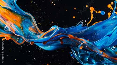 Color Liquid in dynamic flow forming interesting and unique shapes and bubbles. Colorful blue and orange tones mixing in a unique pattern. Artistic design. Isolated on black background.