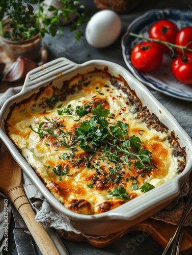 Albanian tave kosi or tave elbasani, lamb baked in a yogurt and egg custard, served in a baking dish. A flavorful and traditional Albanian dish. photo