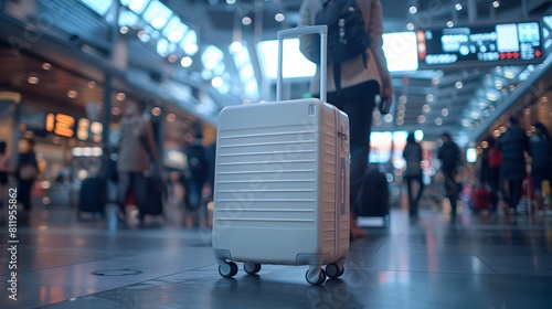 A white suitcase on wheels in the foreground, with people walking around blurred as background focus at an airport terminal. 